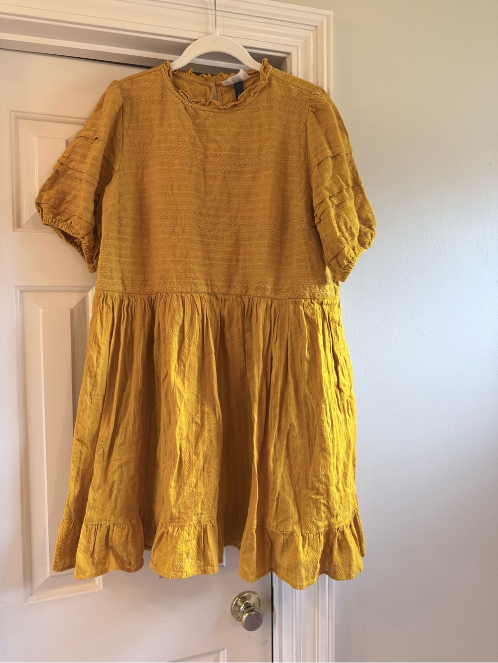 Girls' Mustard Yellow Textured Short Sleeve Dress